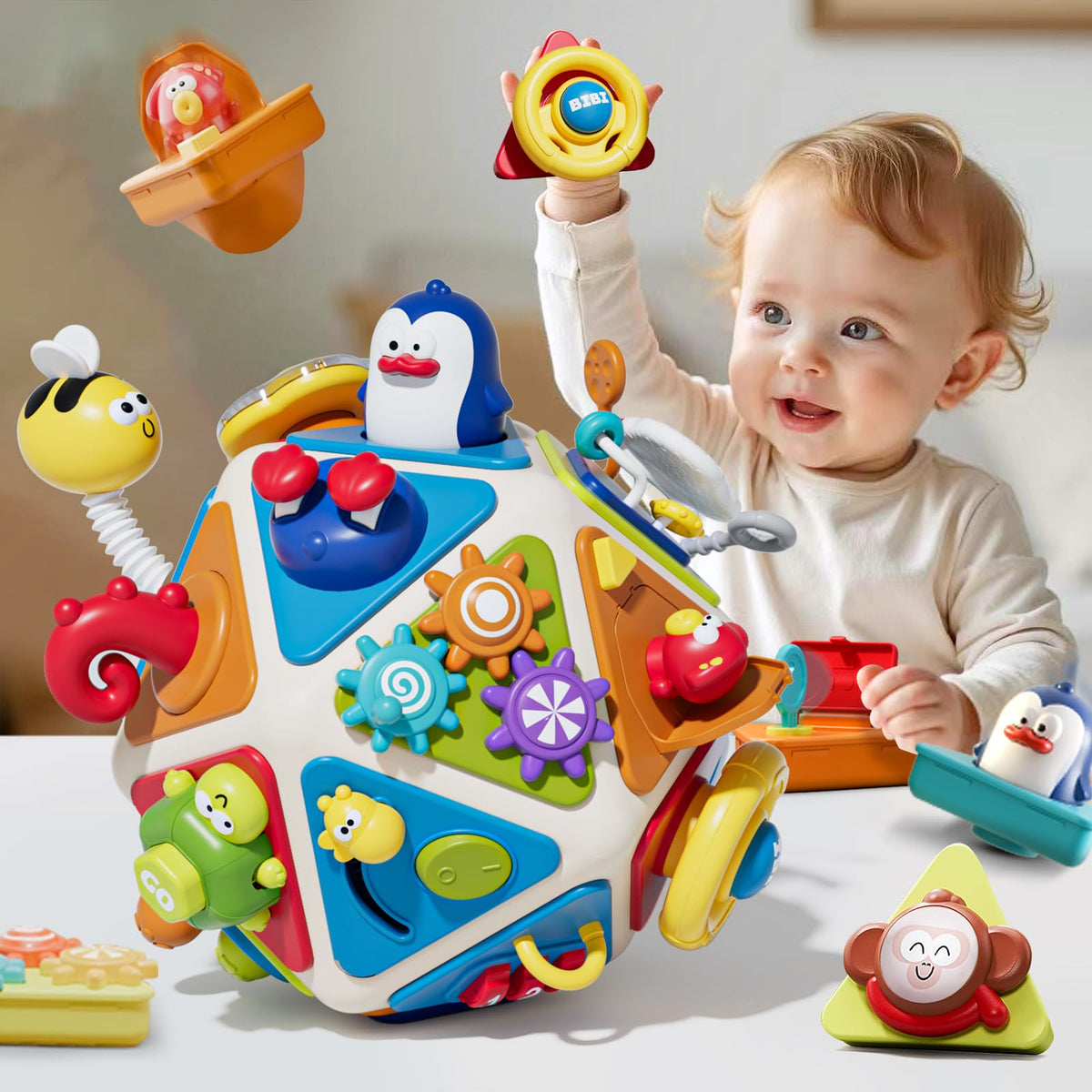Vanvimen Busy Cube spinning gears enhances fine motor skills during learning play.