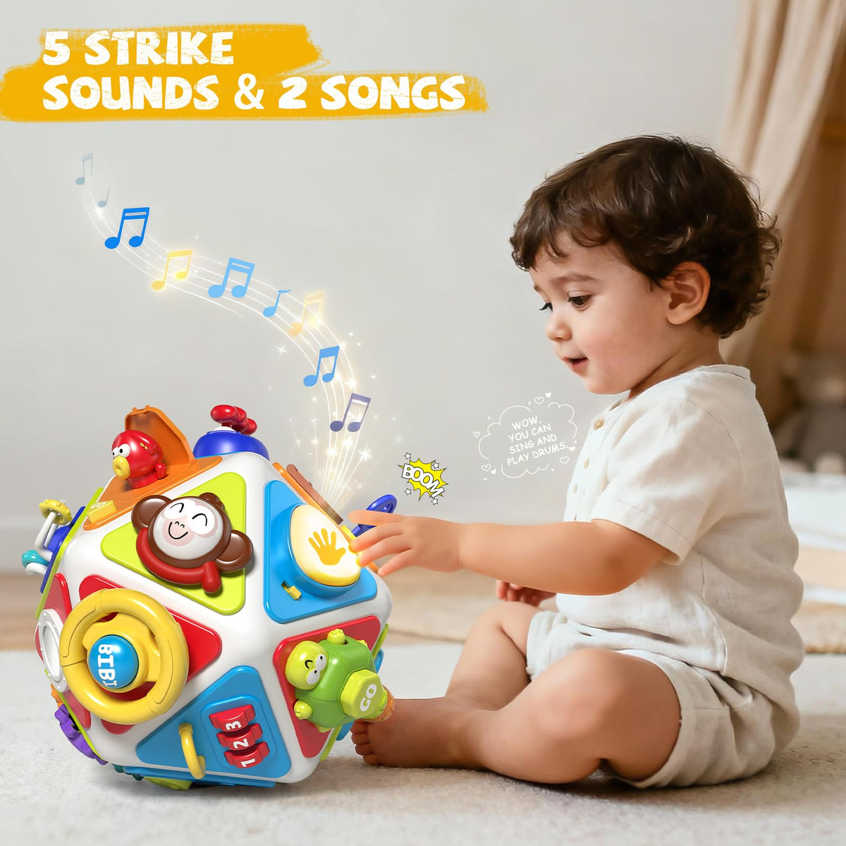 Vanvimen Busy Cube vibrant colors captivate toddlers during multisensory play.