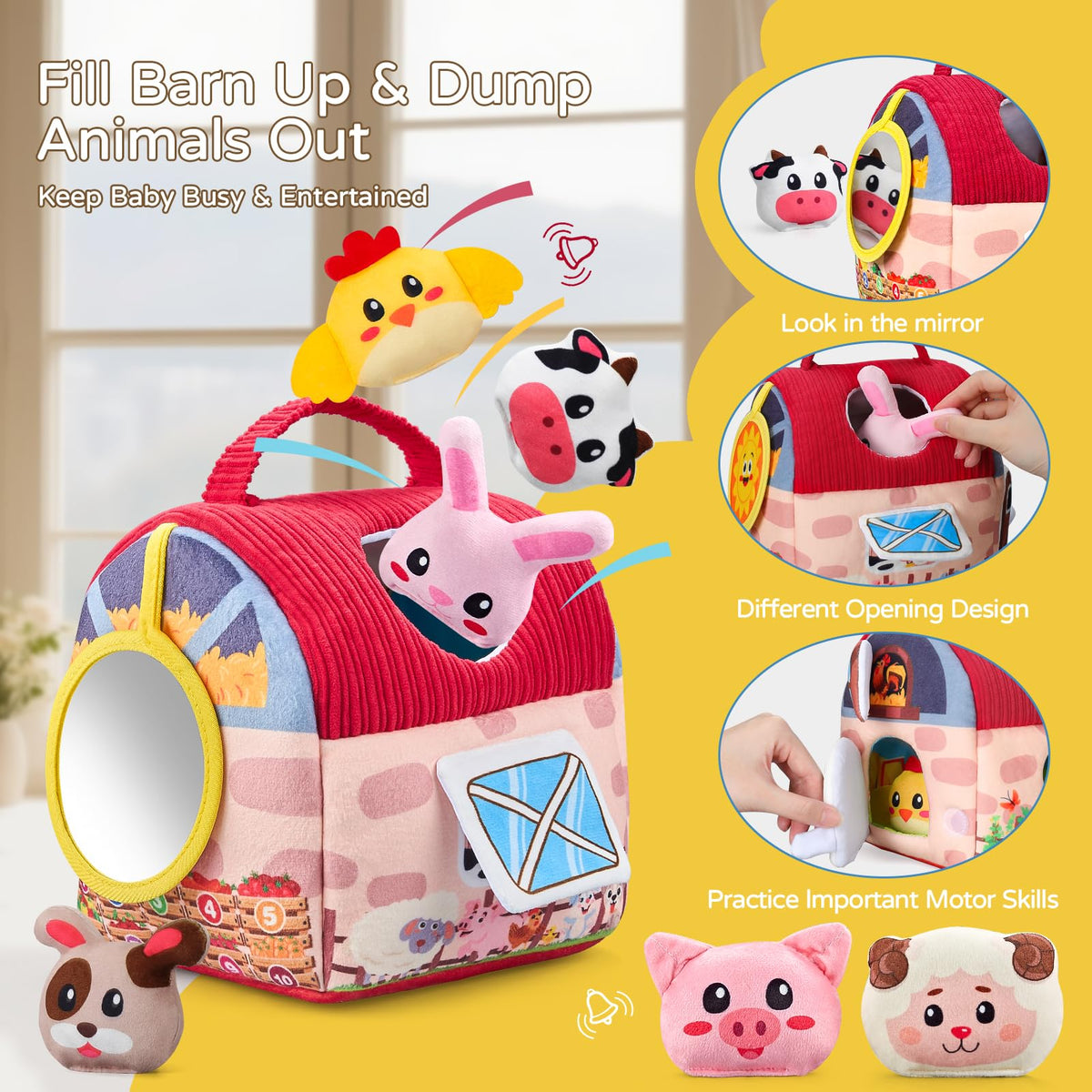 Vanvimen fill-dump openings promote hand-eye coordination through interactive barn play.