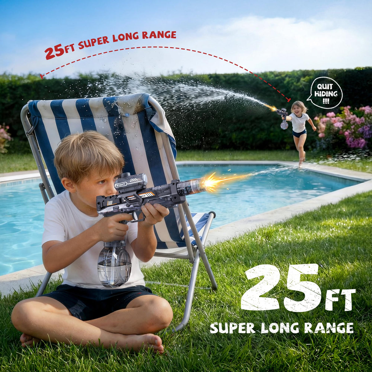 Vanvimen water gun 350cc tank reduces refills for longer play.