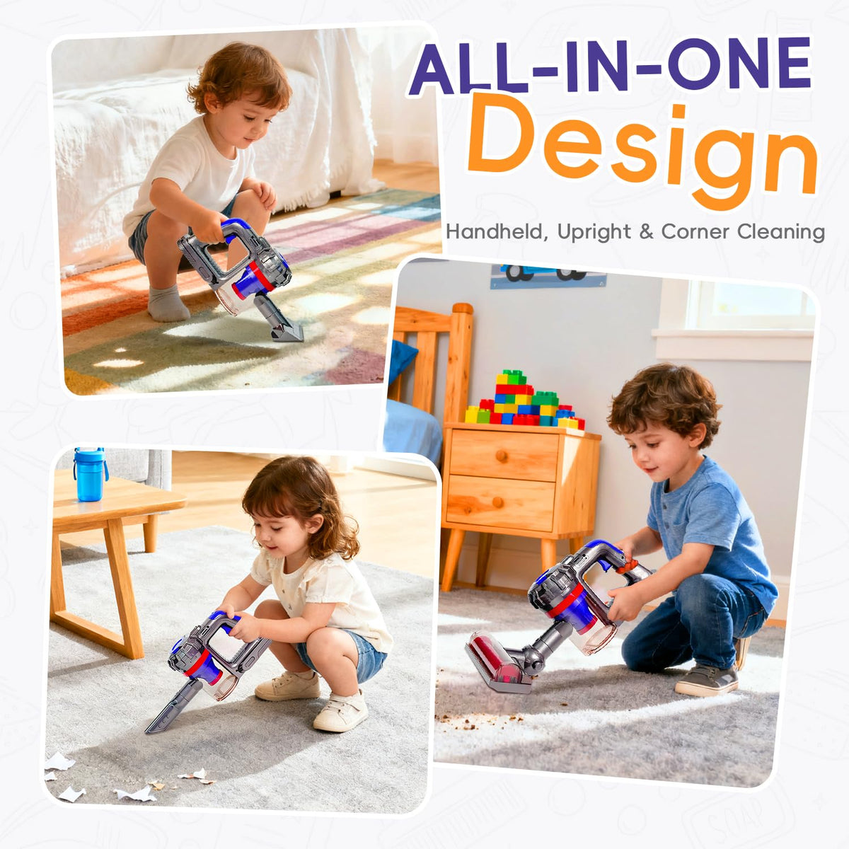 VARANO kids vacuum interchangeable nozzles in action for varied pretend cleaning challenges.