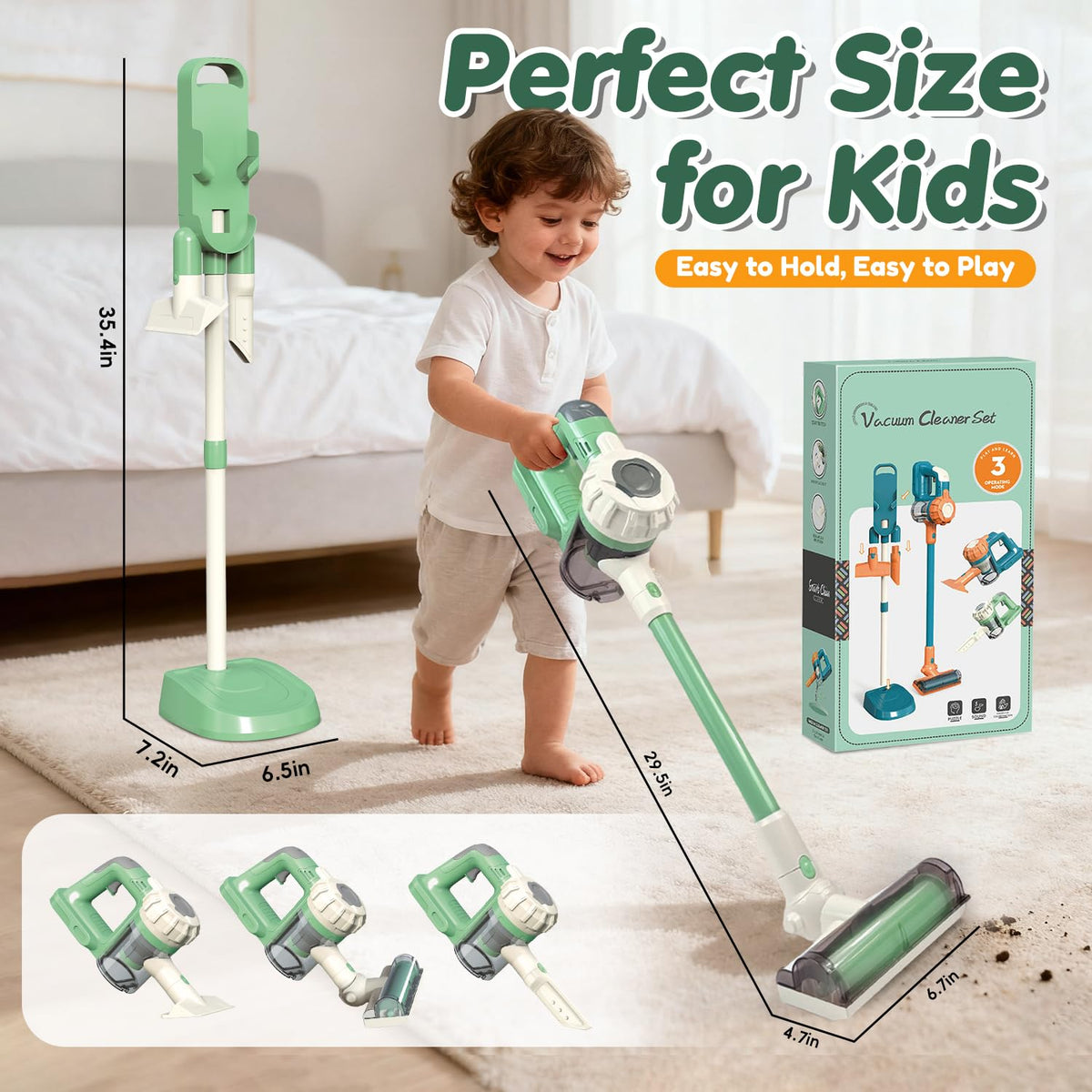 VARANO vacuum in use with gentle suction for safe pretend cleaning.