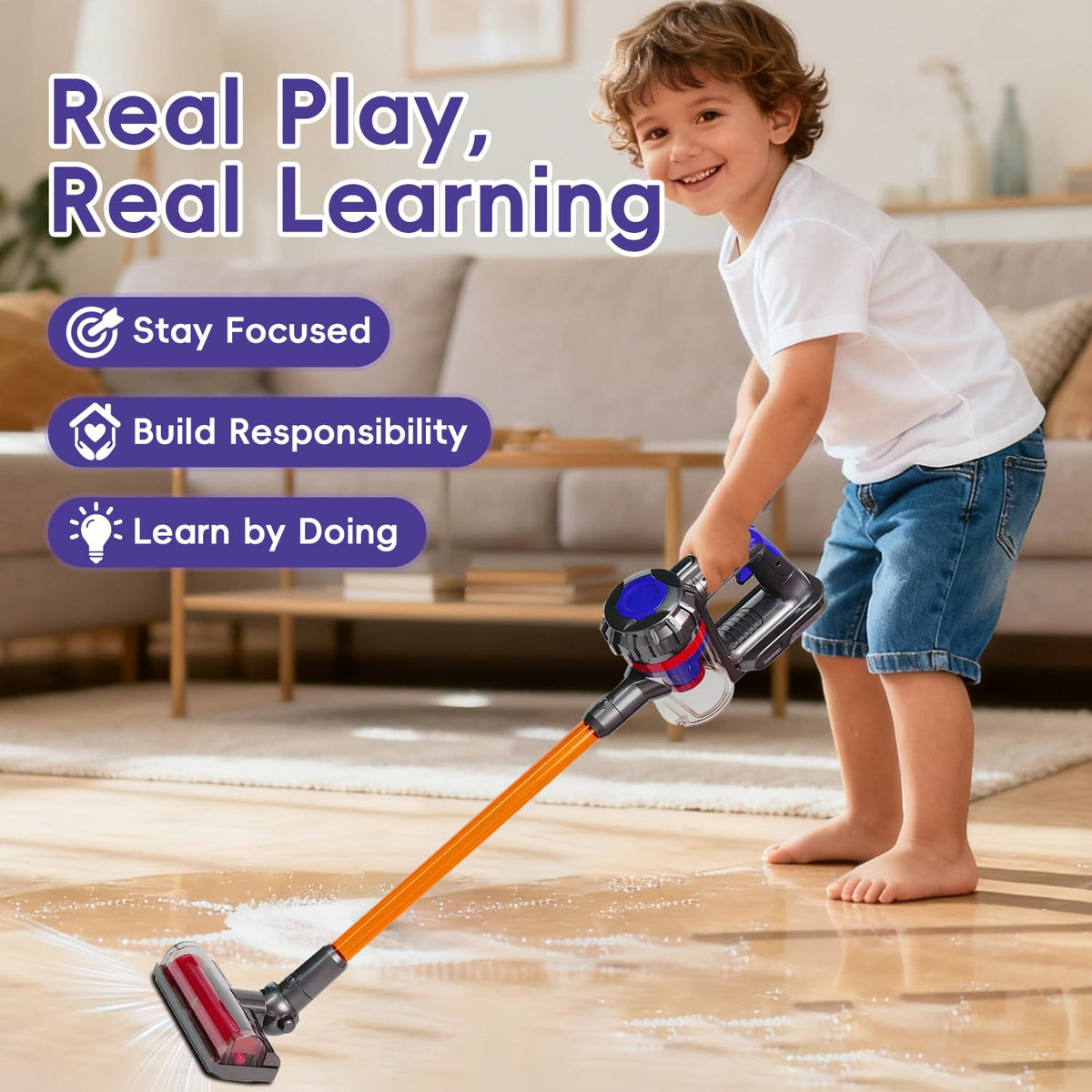 VARANO toy vacuum with safe ABS plastic and rounded edges for safe play.