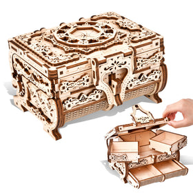 Varbertos 3D wooden puzzle treasure box with six compartments for organized storage.