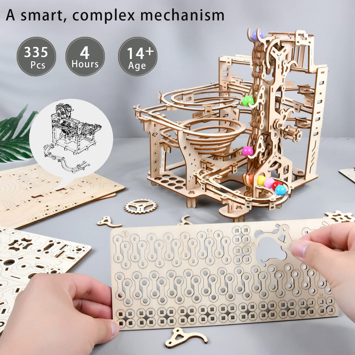 Varbertos wooden marble coaster crank-action close-up: captivating kinetic motion.
