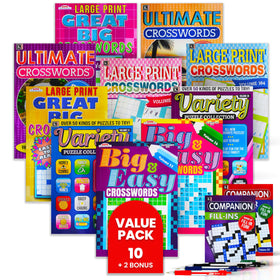 Variety Savings 10-pack crossword books bulk pack cover showcases bold print for seniors.