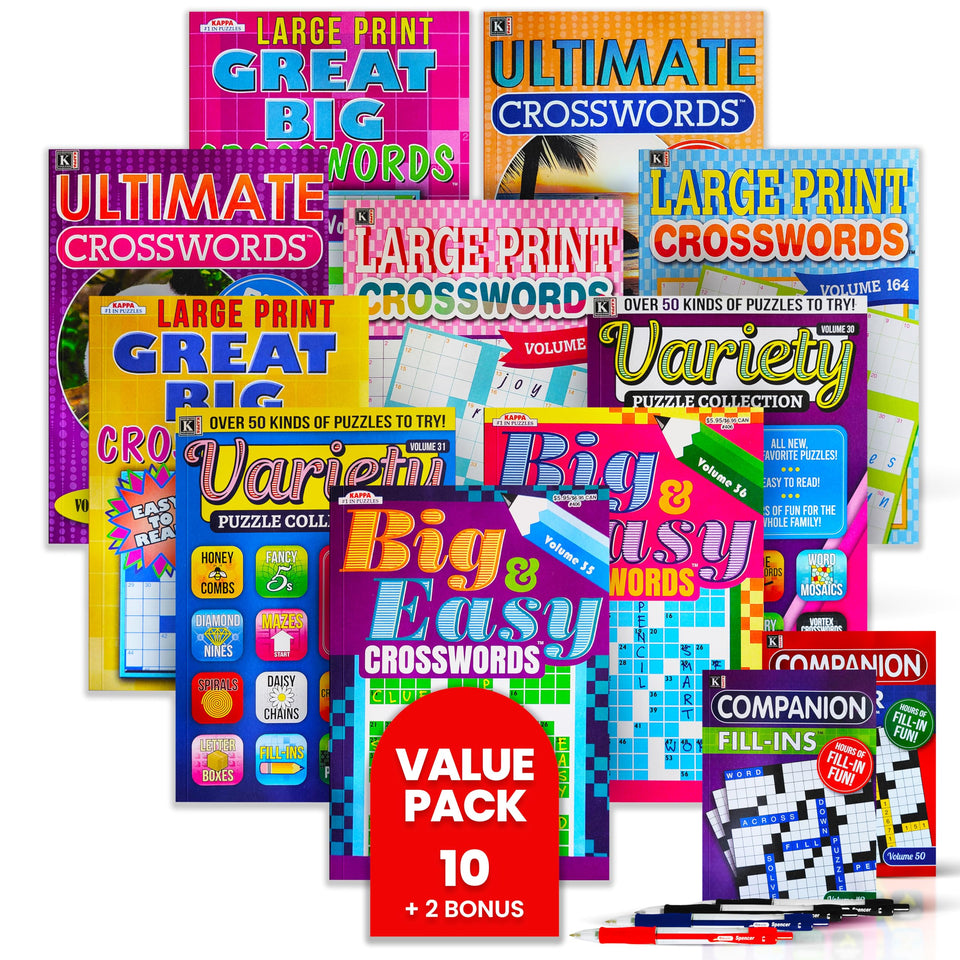 Variety Savings 10-pack crossword books bulk pack cover showcases bold print for seniors.