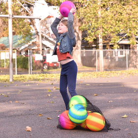 Variety Savings mesh bag packed with seven balls for easy transport.