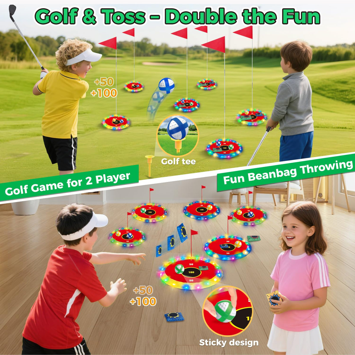 VATOS 2in1 golf and bean bag toss set supports versatile play