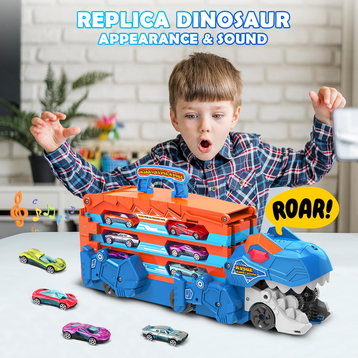 VATOS dinosaur car swallowing action encourages interactive pretend play.