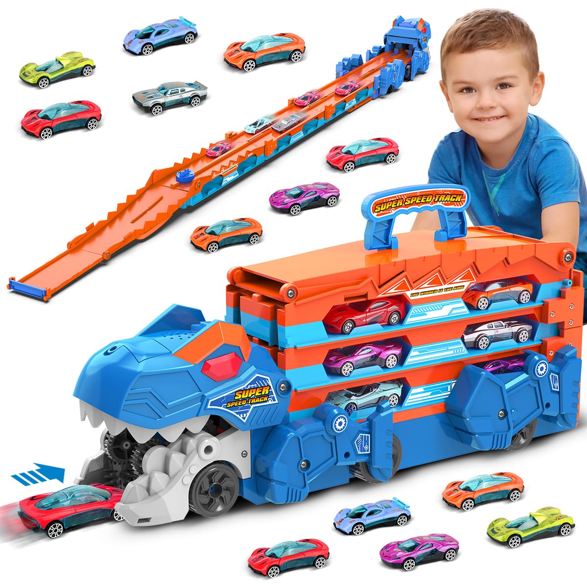 VATOS dinosaur track truck with 8 mini cars for imaginative racing.