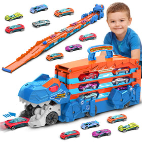 VATOS dinosaur track truck with 8 mini cars for imaginative racing.