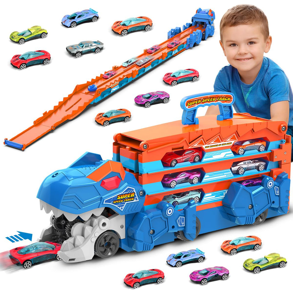 VATOS dinosaur track truck with 8 mini cars for imaginative racing.