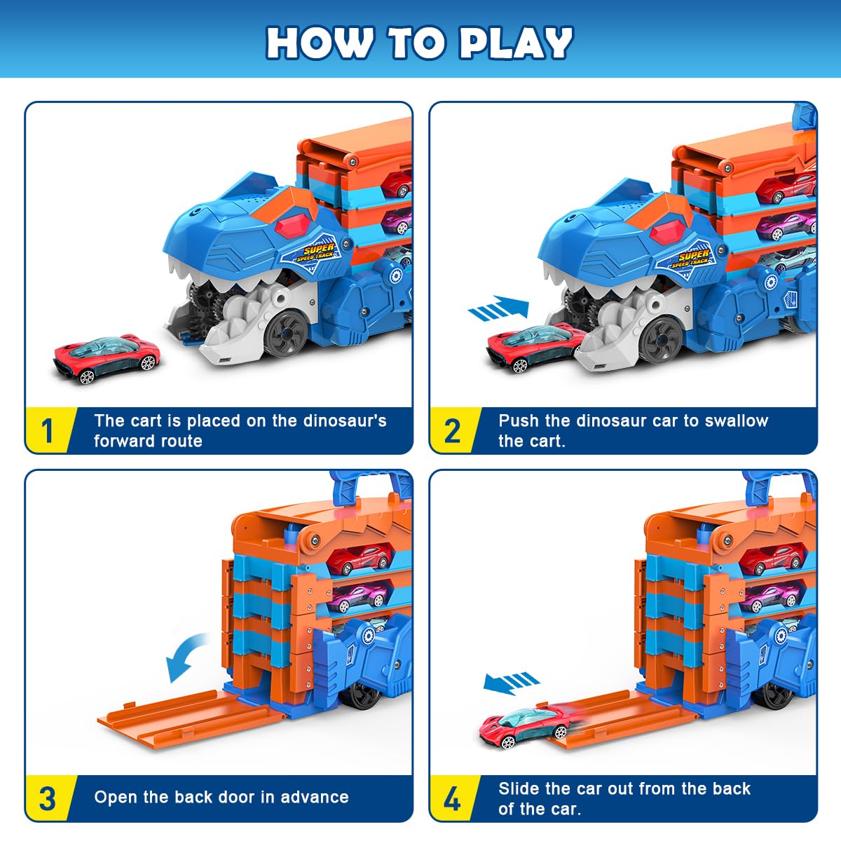 VATOS drawer folding dinosaur truck in red for easy storage and play.