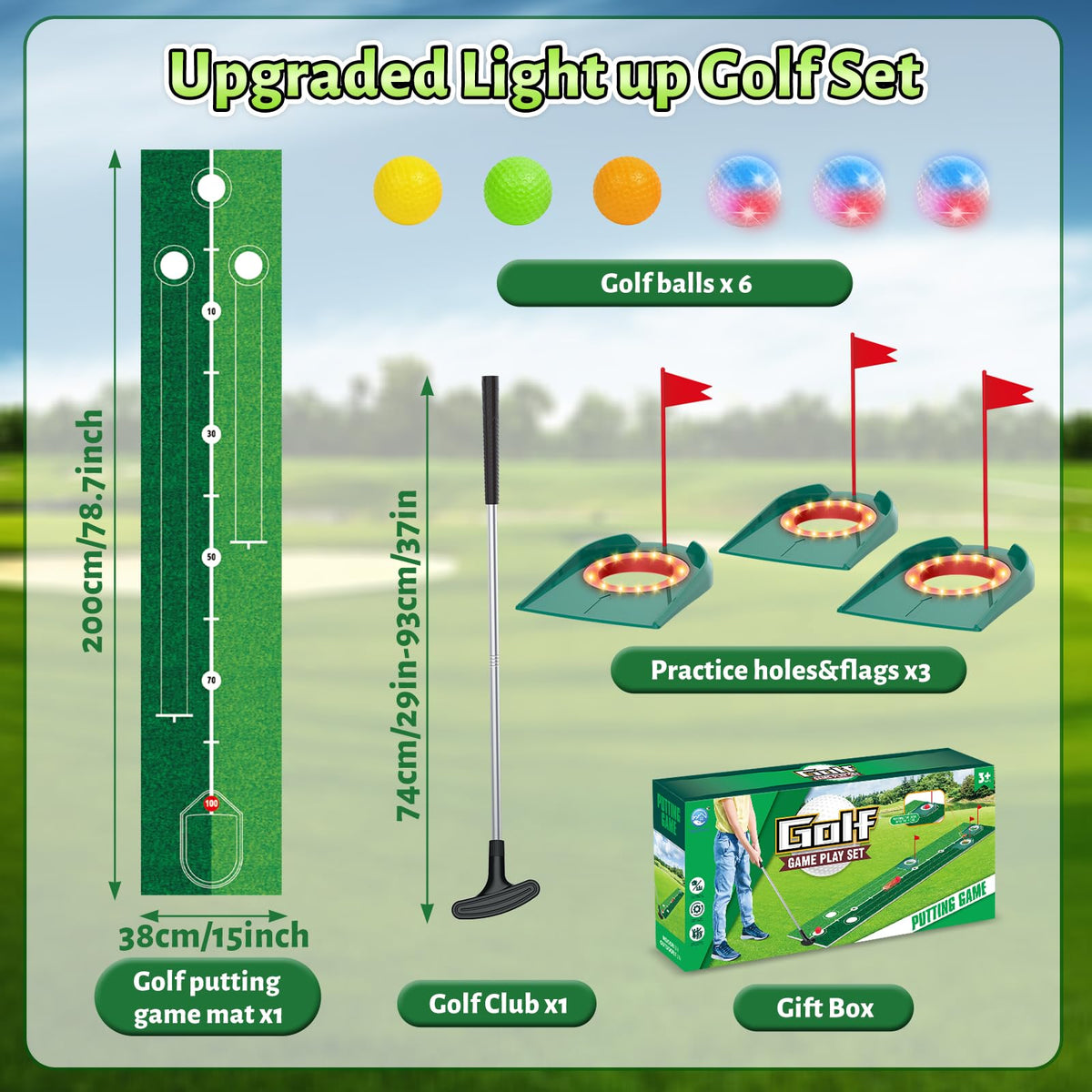 VATOS night-time golf set supports indoor outdoor play anywhere.