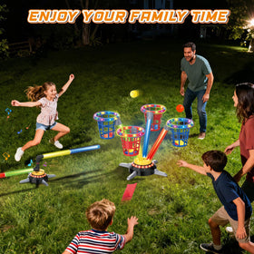 VATOS kids enjoying a lively backyard game night with lights.