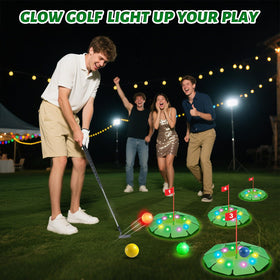 Vatos night golf practice shows a bright, kid-friendly glow.