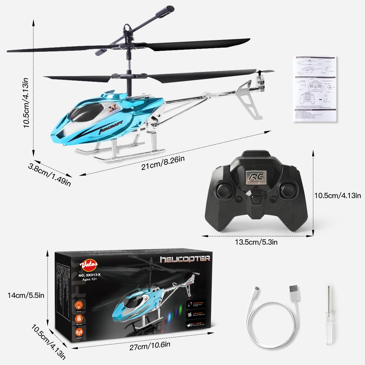 VATOS RC helicopter compact indoor design for safe home use.