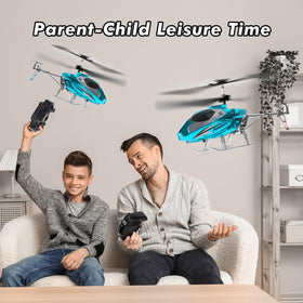 VATOS RC helicopter remote control range with LED visibility in use.