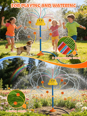VATOS sprinkler with 8 wiggle tubes spins for energetic, interactive outdoor fun.