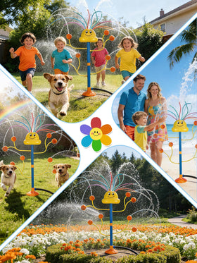 VATOS backyard sprinkler doubles as lawn irrigator while kids laugh and splash.