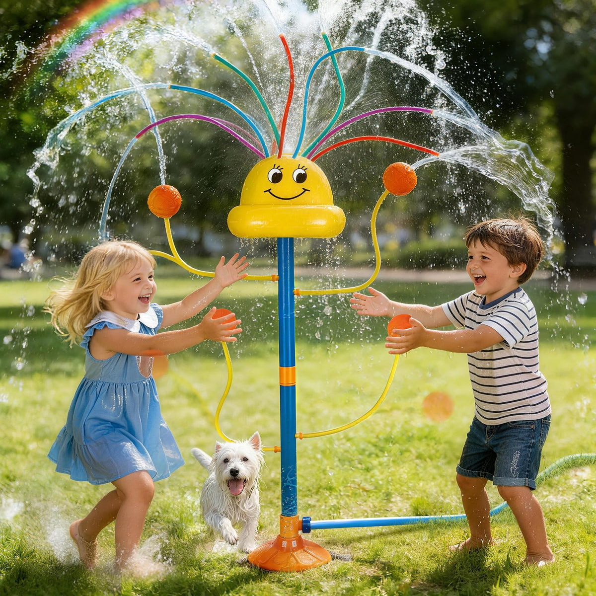VATOS water sprinkler smiles as it dances, delivering lively backyard fun for kids.