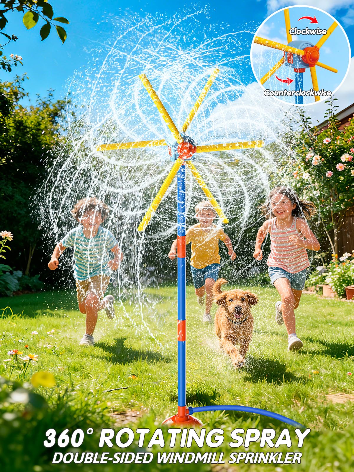 VATOS windmill sprinkler with dual-rotation blades demonstrating movement.