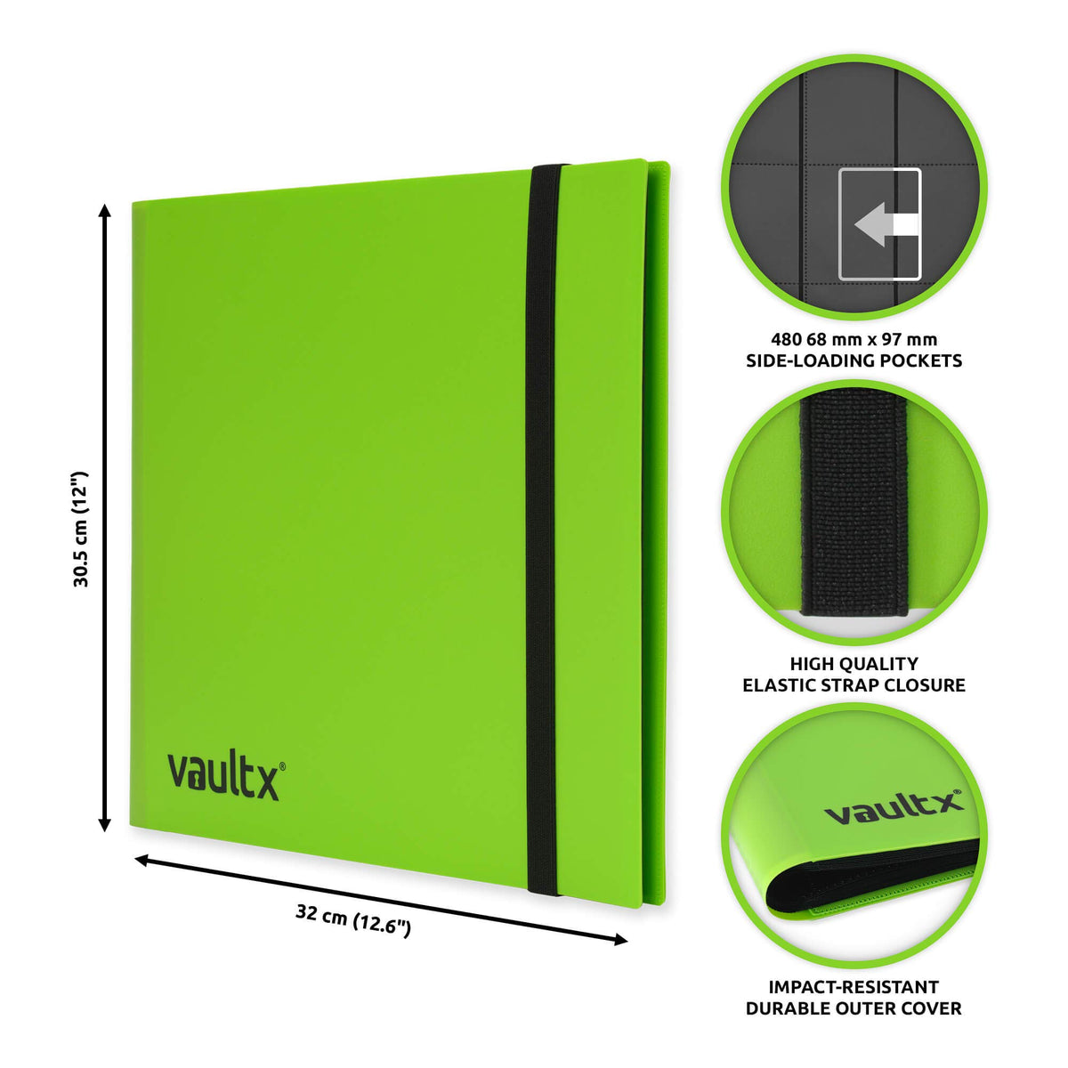 Opened Vault X binder showing 20 double-sided pages and 12 pockets per page.