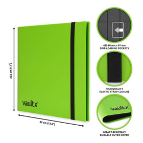 Opened Vault X binder showing 20 double-sided pages and 12 pockets per page.