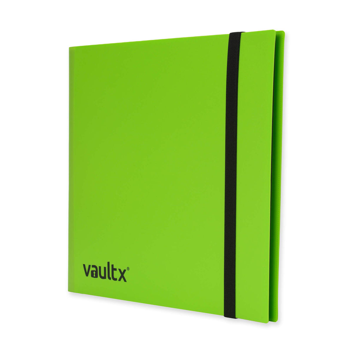 Green Vault X binder close-up highlighting elastic strap closure.