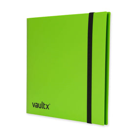 Green Vault X binder close-up highlighting elastic strap closure.
