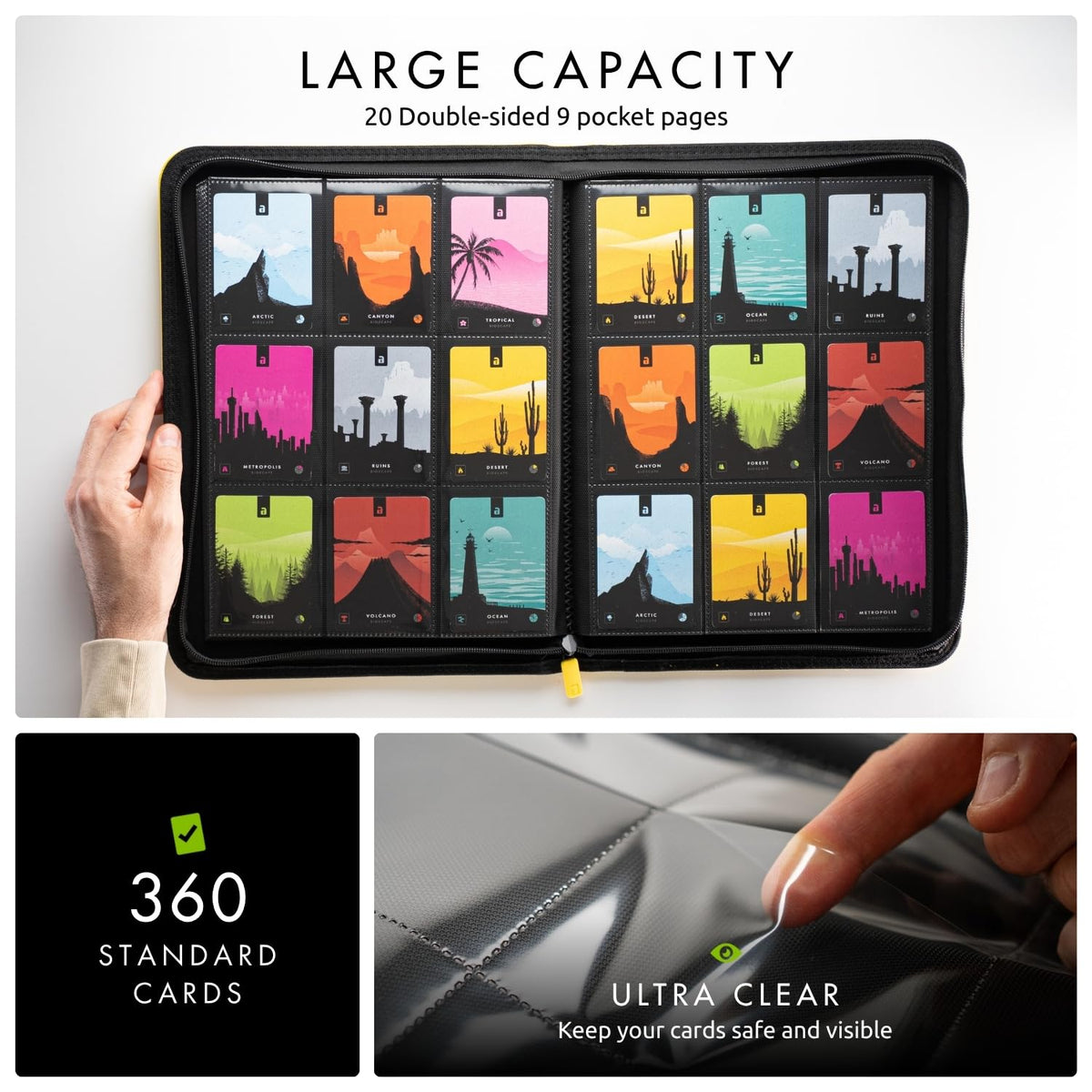Vault X binder opened to reveal 20 double-sided pages for up to 360 standard-size cards.
