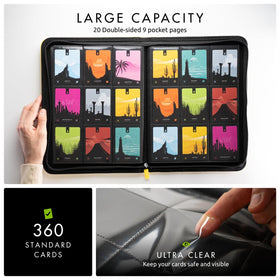 Vault X binder opened to reveal 20 double-sided pages for up to 360 standard-size cards.
