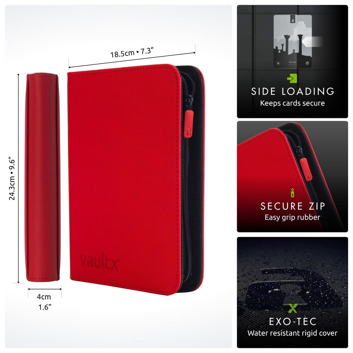Open Vault X binder showing 20 side-loading pages for organization.