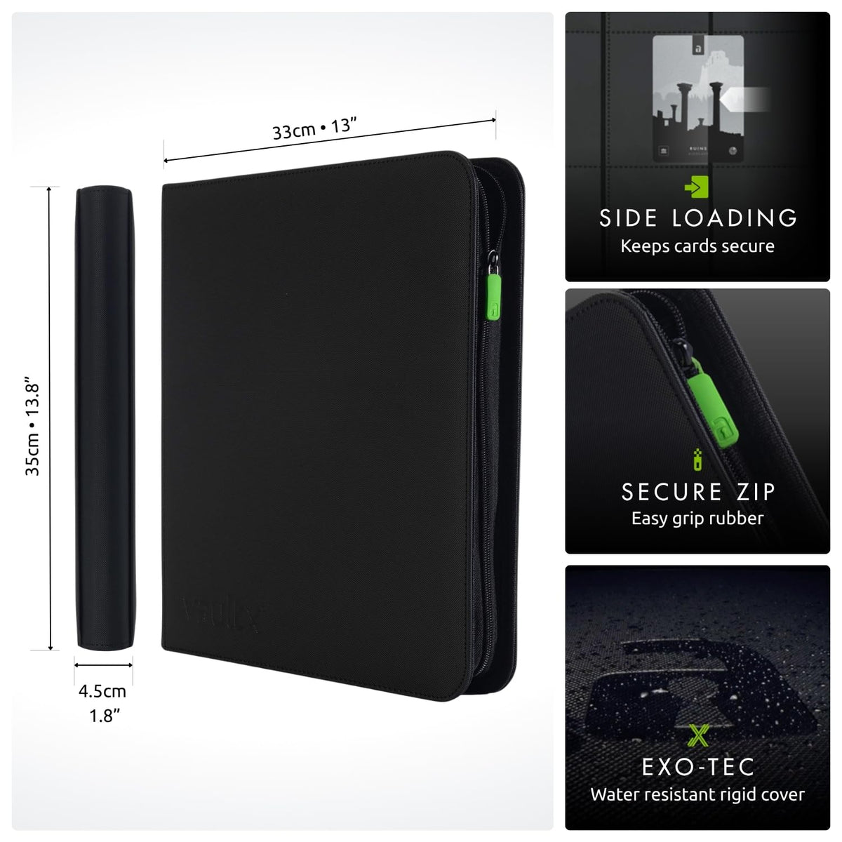 26 double-sided pages with side-loading pockets ready for organized collections