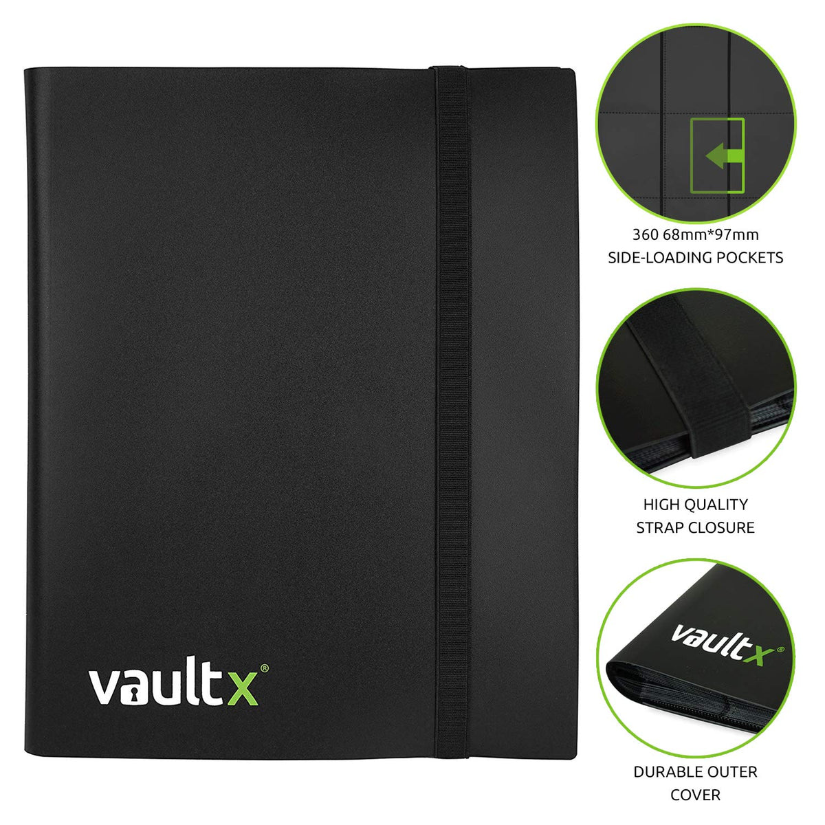 Open binder shows 20 double-sided pages and 360-card capacity.