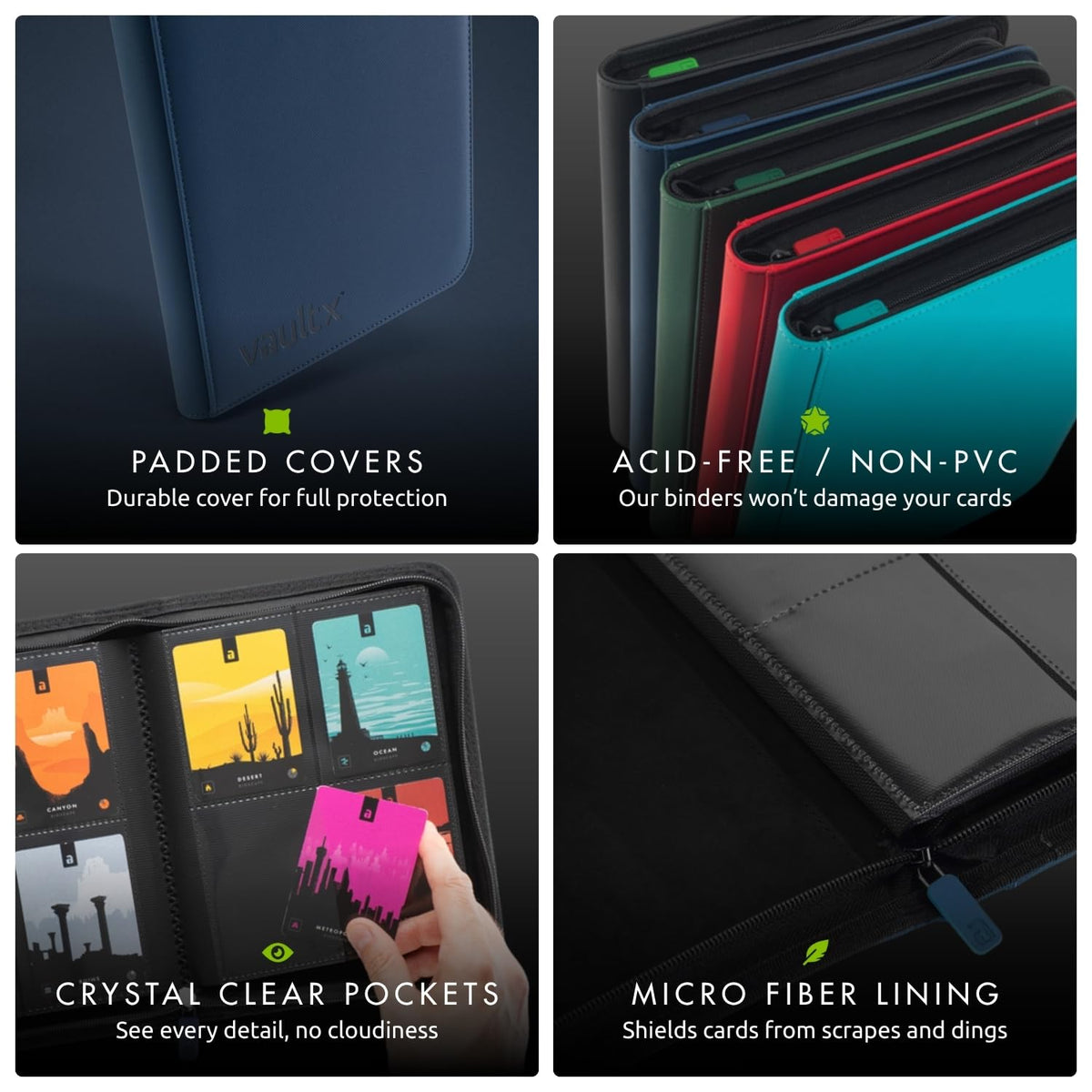 Vault X binder interior shows 20 pages and side-loading pockets