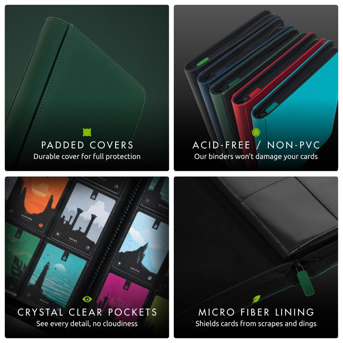 Vault X green compact binder demonstrates size and sleeve compatibility for standard cards.