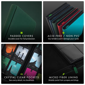 Vault X green compact binder demonstrates size and sleeve compatibility for standard cards.