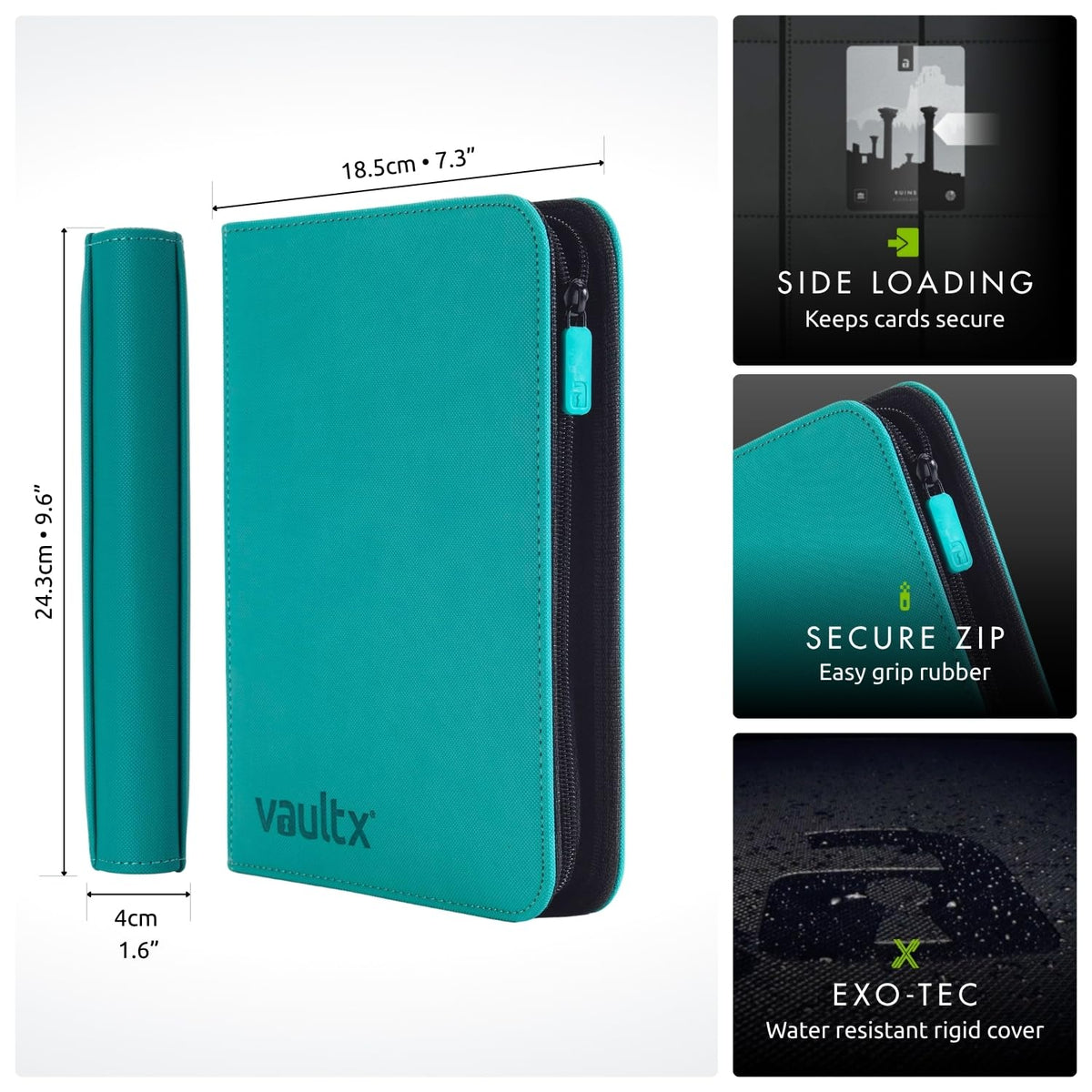 Vault X 4-pocket zip binder teal: secure, accessible storage with a smooth zipper.