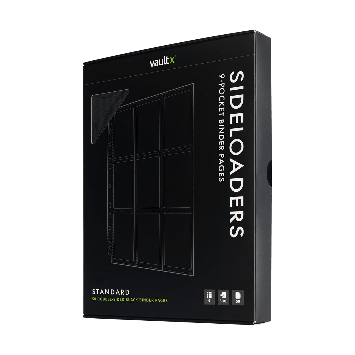 Vault X 9-pocket sideloading pages shown in a 50-pack for organized trading cards.