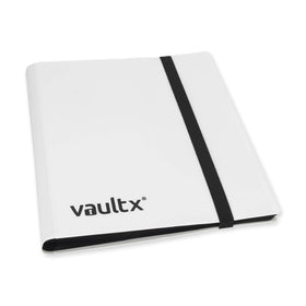 Elastic strap keeps Vault X binder closed during transit and display.