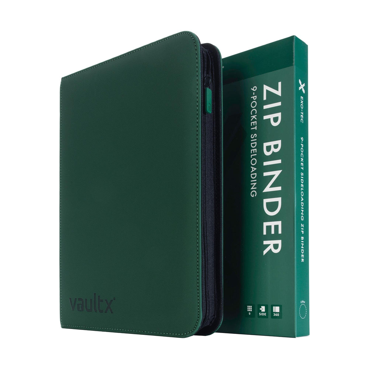 Vault X 9-pocket zip binder green cover shows Exo-Tec durability for card storage