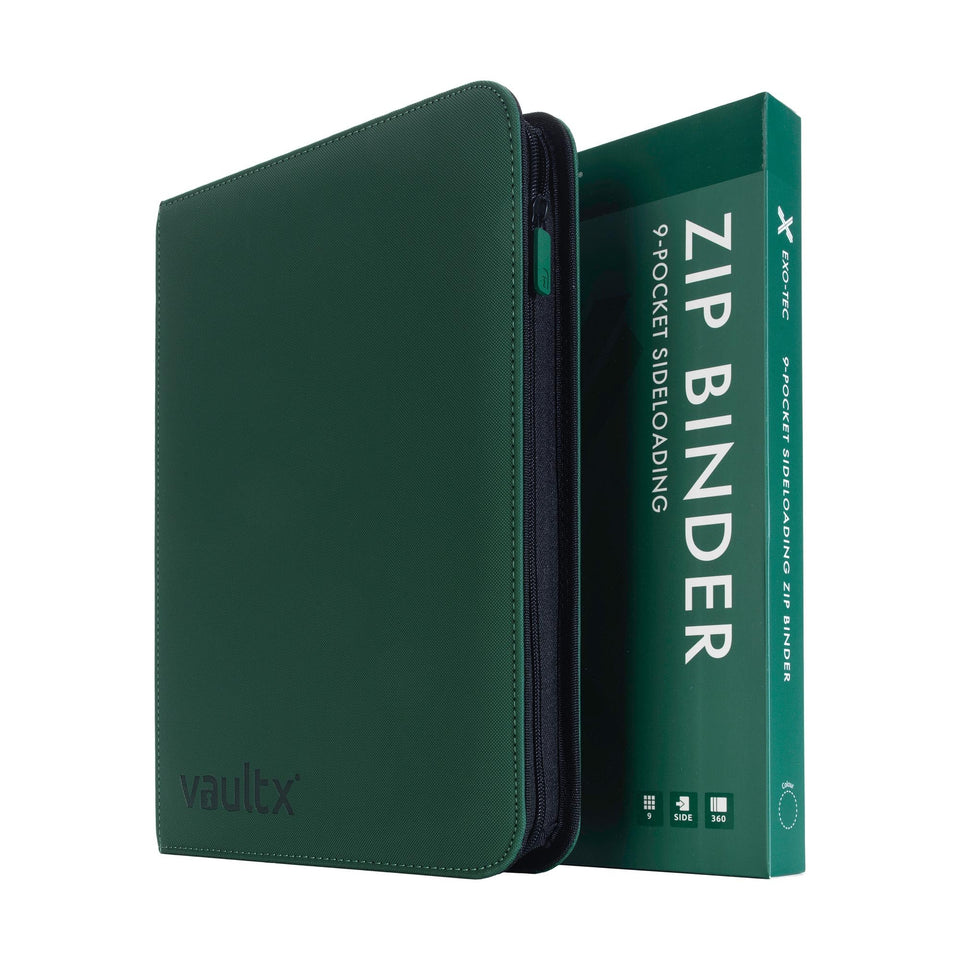 Vault X 9-pocket zip binder green cover shows Exo-Tec durability for card storage
