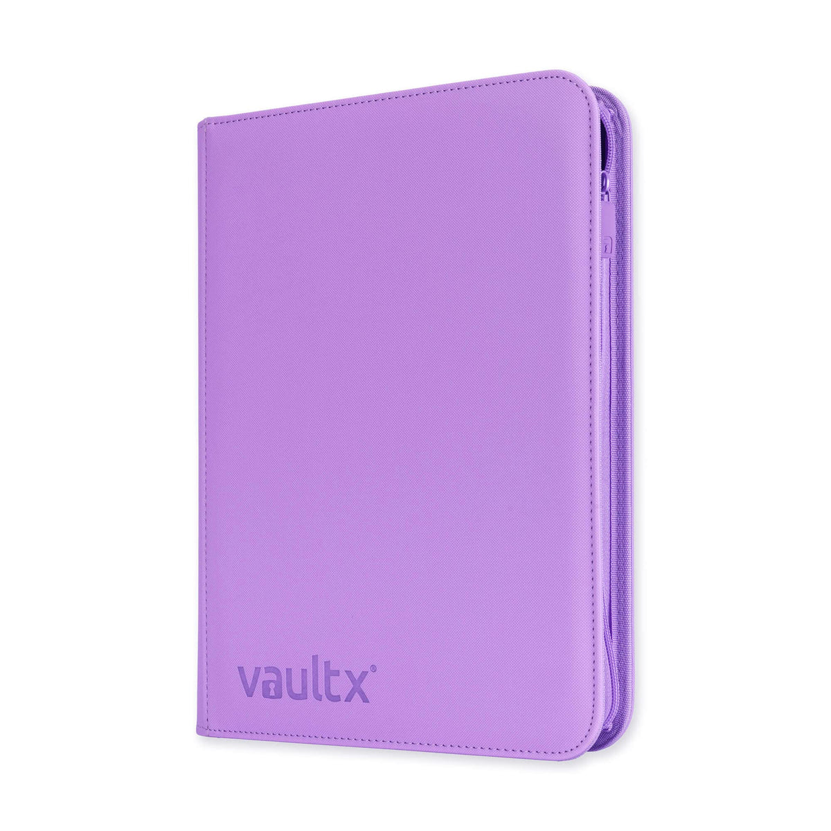 Vault X 9-pocket zip binder in purple, front view for organized card collection storage.