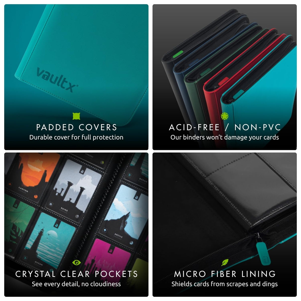 Vault X archival-safe materials teal: guards cards from dust and moisture.