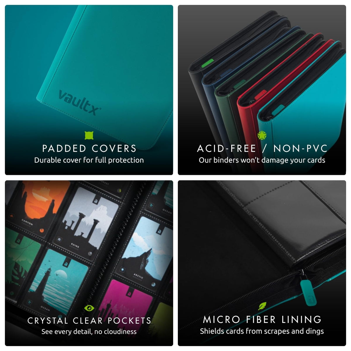 Vault X archival-safe PVC-free materials Teal; guards against dust and moisture.