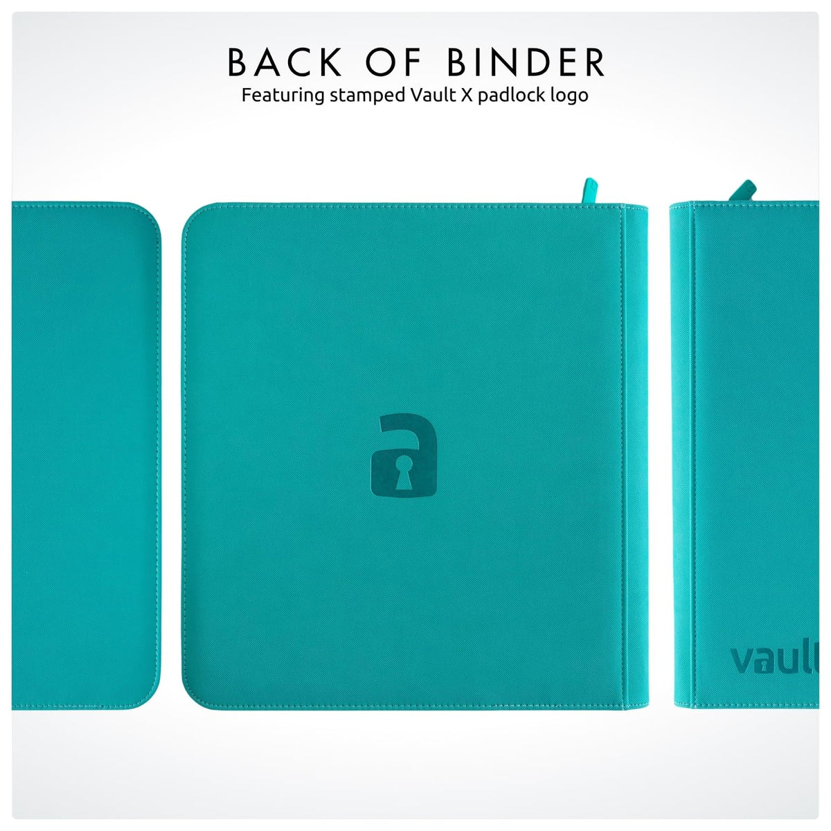 Vault X binder size Teal; compatible with standard sleeves for display or play.