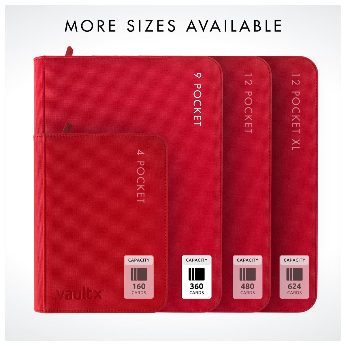 Vault X red binder displayed with measured dimensions for sleeve compatibility