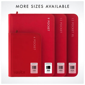 Vault X red binder displayed with measured dimensions for sleeve compatibility